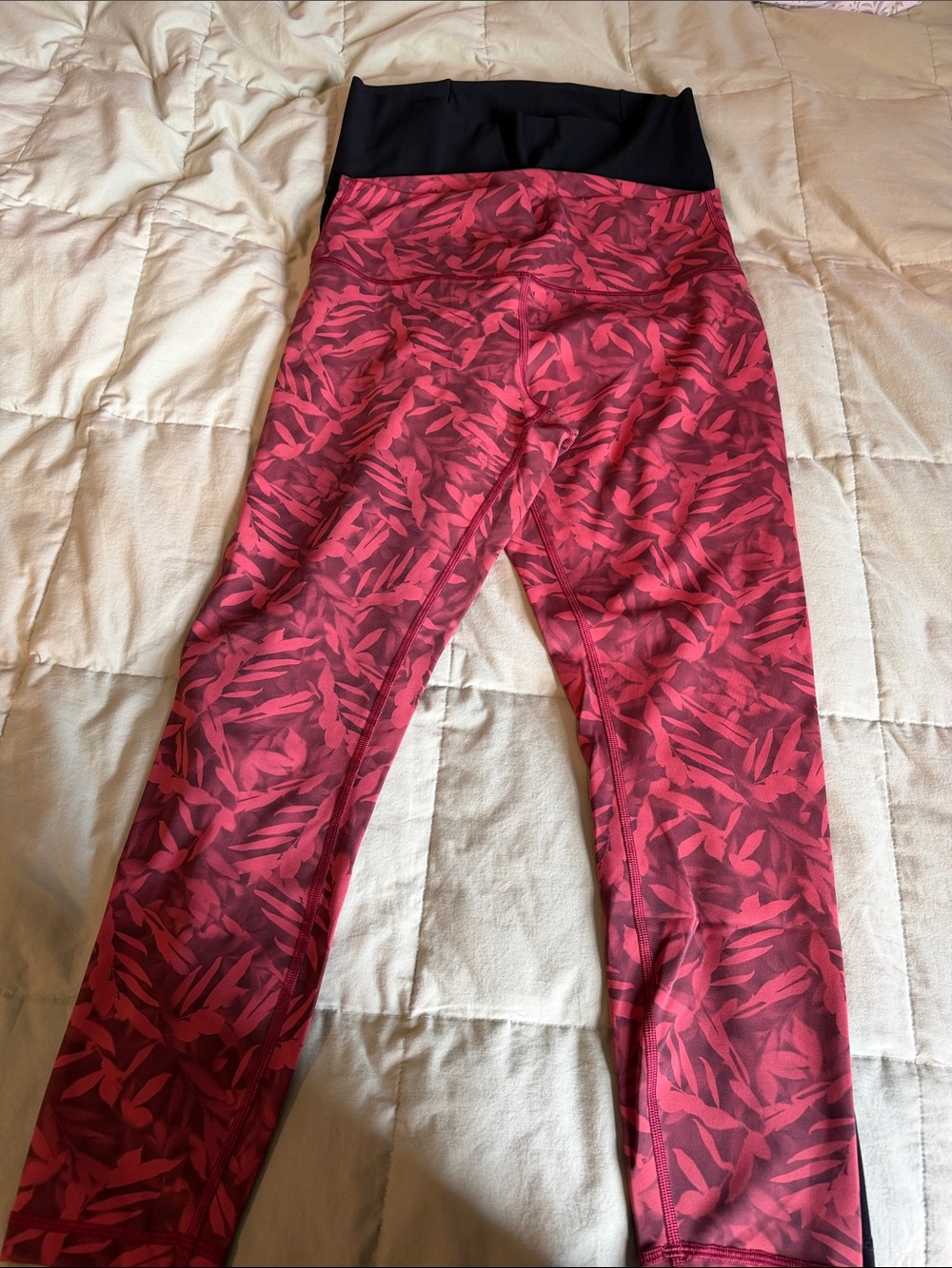 Bundle of High-Rise Pink Leaf-Print Leggings and Black Mesh Leggings